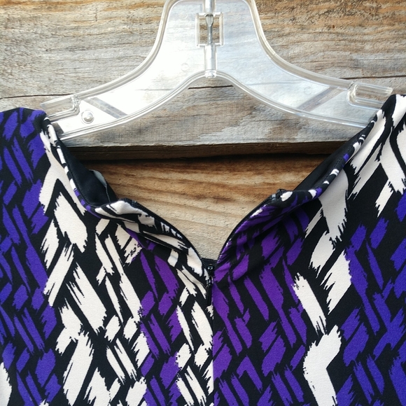 Max & Cleo Dark Purple White Black Lilac Dress LS Ties In Back - Picture 6 of 16